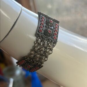 Silver and Red Waterfall Bracelet with Intricate Design